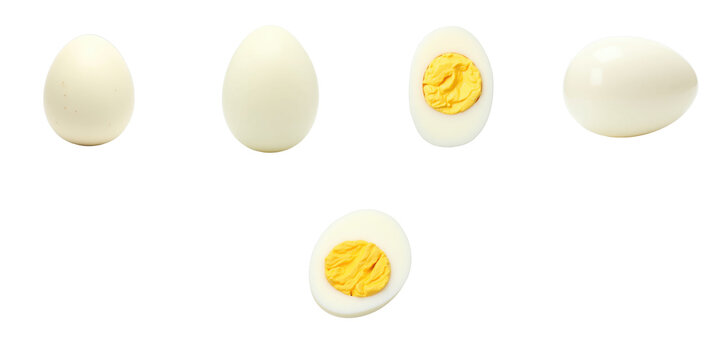 Assorted views of a boiled egg including whole egg and sliced versions, presented on a transparent dish with a clear background for isolation and emphasis on egg details.