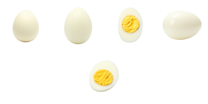 Assorted views of a boiled egg including whole egg and sliced versions, presented on a transparent dish with a clear background for isolation and emphasis on egg details.