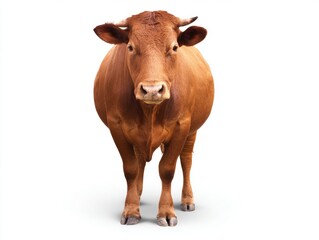 Front view of strong brown bull with horns on white background

