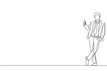 Continuous one line drawing excited businessman dressed in formal wear showing thumbs up sign and leaning against the wall. Deal, like, agree, approve, accept. Single line draw design vector graphic