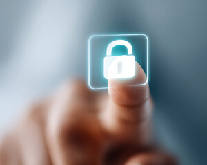 Client touches padlock icon on security system protecting personal datum and information in cyberspace for business and consumer safety