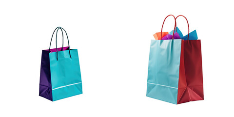 Colorful gift bags in blue, purple, and red with handles and crumpled tissue paper inside, viewed from a close perspective on a transparent background