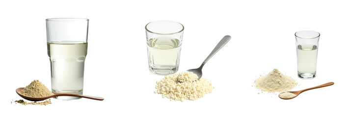 Hydrolyzed collagen protein powder in various stages with glass of water and spoon on transparent background showcasing multiple textures and forms of powder in separate compositions.