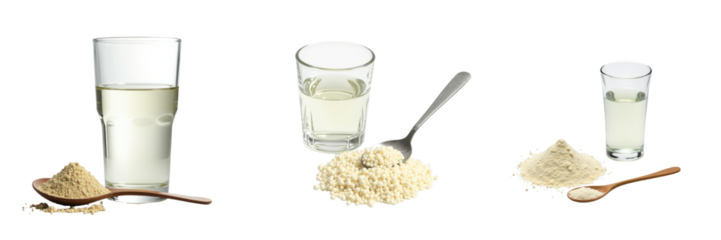 Hydrolyzed collagen protein powder in various stages with glass of water and spoon on transparent background showcasing multiple textures and forms of powder in separate compositions.