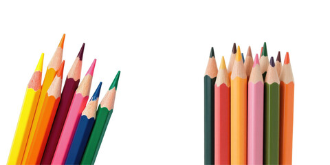 Fototapeta premium Assorted color pencils arranged closely with vibrant hues on a solid transparent background, showcasing their tips and textures, fully isolated for visual clarity.