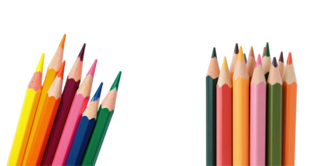 Assorted color pencils arranged closely with vibrant hues on a solid transparent background, showcasing their tips and textures, fully isolated for visual clarity.