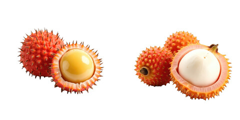 Lychee fruit with spiky skin showing bright yellow and white flesh isolated on transparent background, highlighting texture and color variations in tropical fruit