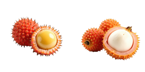 Lychee fruit with spiky skin showing bright yellow and white flesh isolated on transparent background, highlighting texture and color variations in tropical fruit