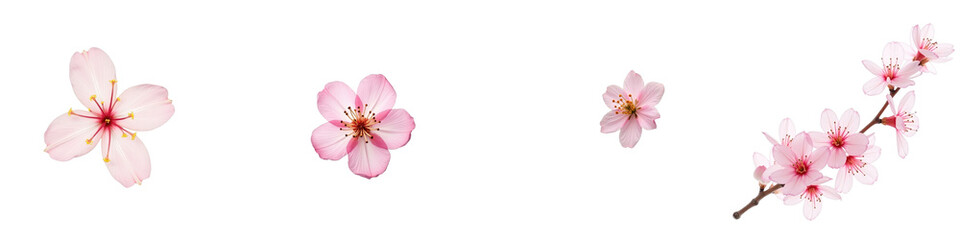 Fototapeta premium Pink cherry blossom flowers isolated on transparent background in various arrangements including single petals and clusters with detailed structures.