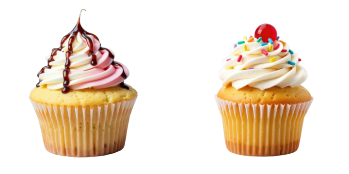 Two Colorful Cupcakes with Swirled Frosting Isolated on transparent Background One Topped with Chocolate Drizzle the Other with Sprinkles and a Cherry