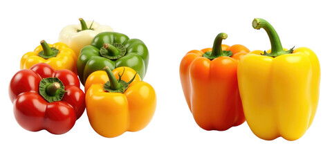 variety of colorful bell peppers including red yellow green orange and white arranged together on a transparent background suitable for food and health-related compositions