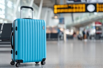 Blue suitcase in modern airport terminal with signboards in background