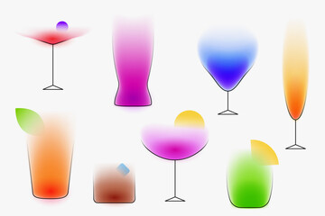 Cocktails drinks silhouette. Creative art composition with blurred gradient and simple line elements. Bright modern design in minimalistic style. Vivid vector illustration.