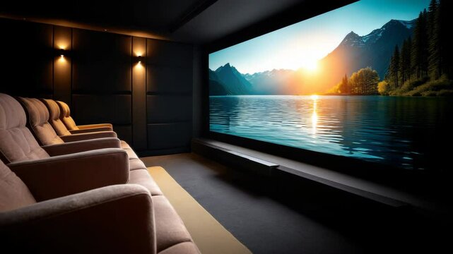 Home theater room with comfortable recliner chairs, large screen displaying scenic mountain lake sunset, cozy lighting, and modern interior design for relaxing entertainment experience, creating
