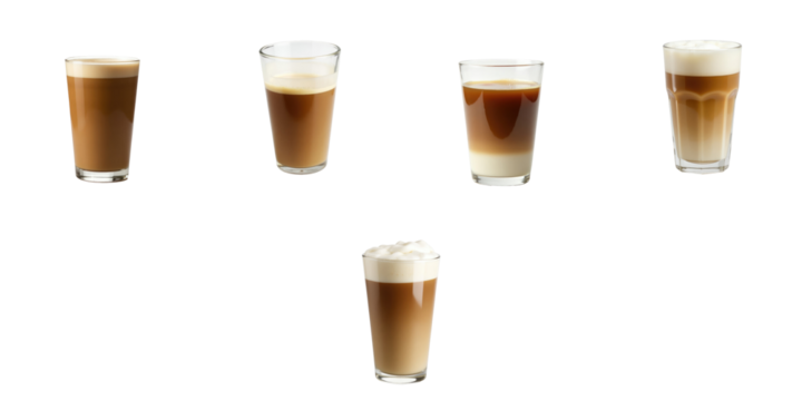 Various types of coffee in clear glasses arranged in a circular pattern with a transparent background highlighting each coffee's unique color and texture