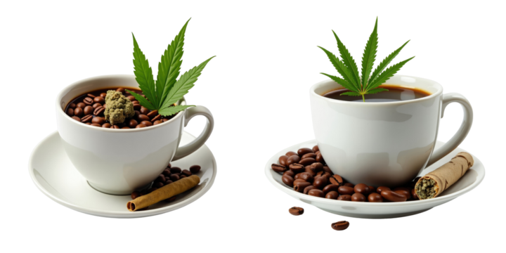 Coffee cups filled with coffee beans featuring cannabis leaves, marijuana nugs, and joints positioned on a plate, isolated on a transparent background.