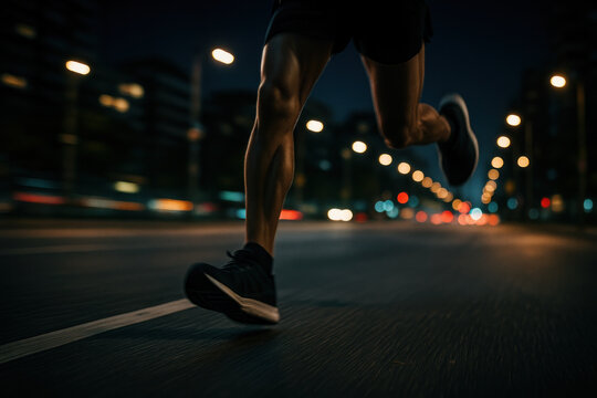 Man running on city street at night.
