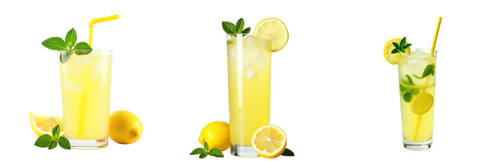 fresh lemonade drinks with mint and lemon slices on transparent background isolated with various arrangements showcasing refreshing summer beverage options