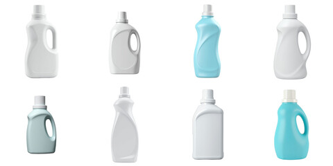 Collection of various laundry detergent bottles in different shapes and colors isolated on a transparent background showcasing design variations and packaging options.