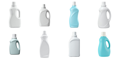 Collection of various laundry detergent bottles in different shapes and colors isolated on a transparent background showcasing design variations and packaging options.