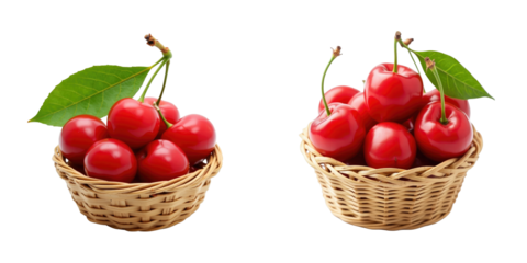 Organic Acerola cherries in woven baskets with green leaves isolated on transparent background, showcasing fresh and vibrant fruit arrangements.