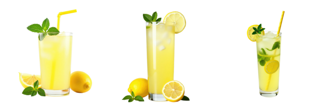 fresh lemonade drinks with mint and lemon slices on transparent background isolated with various arrangements showcasing refreshing summer beverage options