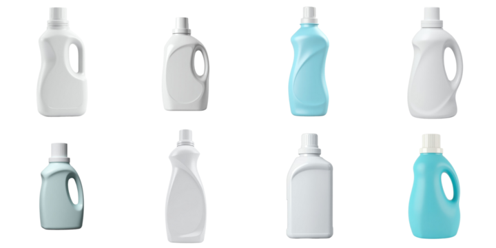 Collection of various laundry detergent bottles in different shapes and colors isolated on a transparent background showcasing design variations and packaging options.