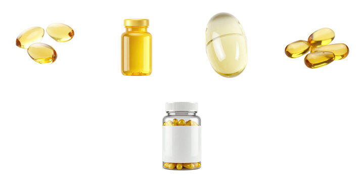 Omega 3 fish oil capsules vitamin with EPA and DHA in various forms including soft gels and bottles isolated on a transparent background for clarity and visibility