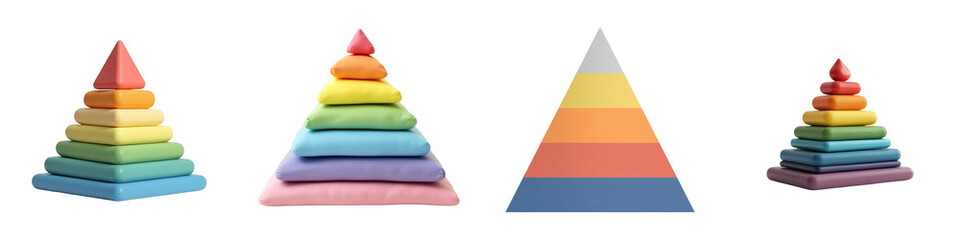 Colorful geometric pyramids with layered designs and varying hues arranged on a transparent background showcasing vibrant colors and shapes for educational or artistic purposes.