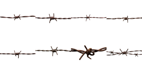 Close up detail of rusty barbed wire sections with various twists and knots, isolated on a transparent background highlighting texture and age