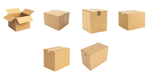 Fototapeta premium Variety of cardboard boxes in different shapes and orientations isolated on a transparent background for packaging and shipping concepts.
