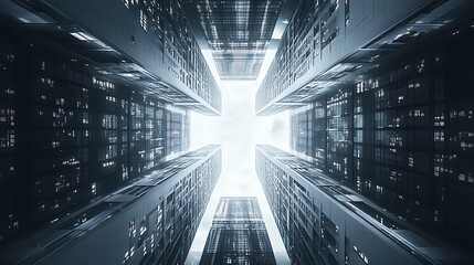 Abstract upward perspective of converging skyscrapers creating a cross pattern