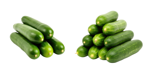 Heap of fresh green cucumbers arranged in two distinct piles on a transparent background showcasing their smooth skin and vibrant color with clear visibility of texture and shape.