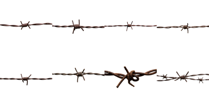 Close up detail of rusty barbed wire sections with various twists and knots, isolated on a transparent background highlighting texture and age
