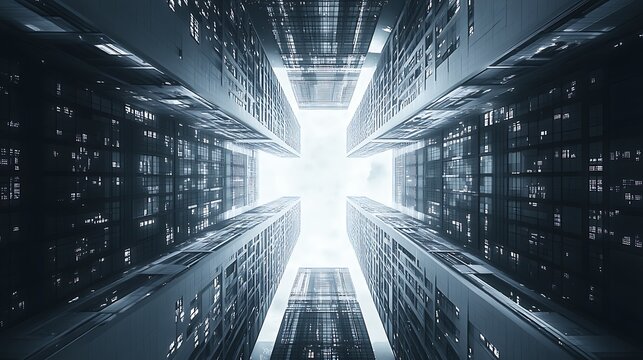 Abstract upward perspective of converging skyscrapers creating a cross pattern