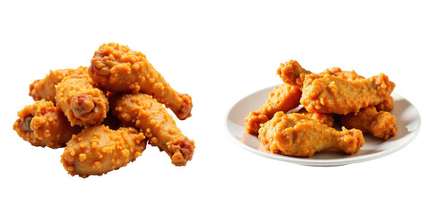 Fototapeta na wymiar Fried chicken wings presented in two arrangements one in a pile and another on a white plate isolated on a transparent background with a crisp golden-brown texture