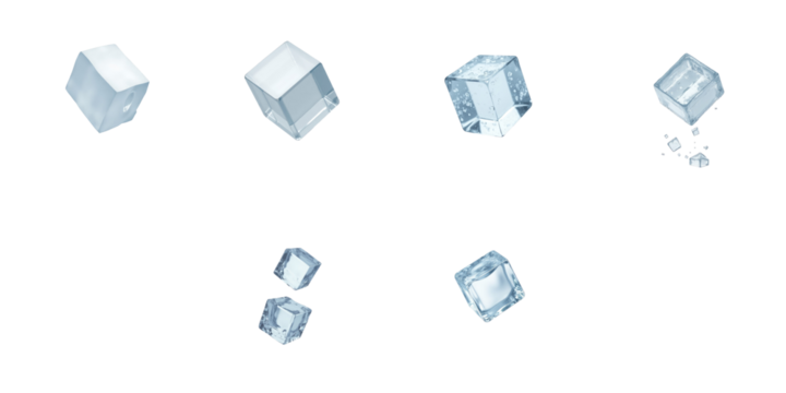 Falling ice cubes isolated on transparent background multiple angles with clipping path and full depth of field showcasing various shapes and sizes of ice cubes
