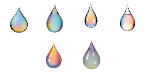 set of six colorful water droplets with varying hues and transparencies isolated on a transparent background highlighting realistic textures and reflections