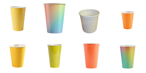 Collection of colorful plastic cups in various shapes and sizes arranged on a transparent background isolated with transparent backdrop showcasing a range of yellow, orange, and blue hues