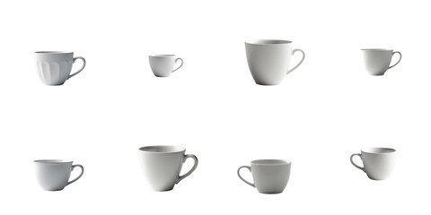 Collection of white ceramic cups in various sizes isolated on a solid transparent background highlighting their shapes and designs without distractions