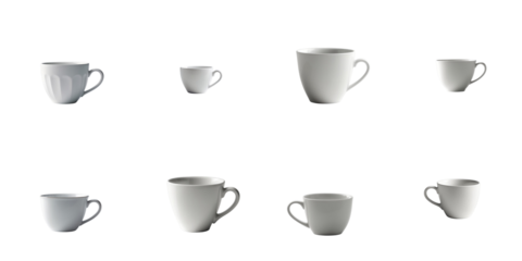 Collection of white ceramic cups in various sizes isolated on a solid transparent background highlighting their shapes and designs without distractions