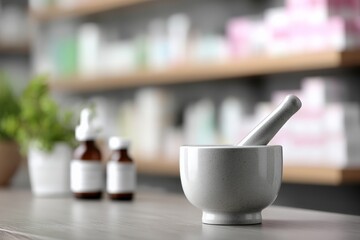 Ceramic mortar and pestle on pharmacy counter with blurred medicine bottles