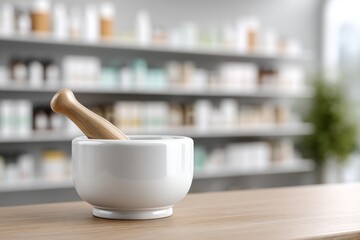 White ceramic mortar and pestle on wooden counter in pharmacy setting