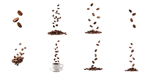 Coffee beans floating in various arrangements against a transparent background including single beans, scattered piles, and a coffee cup for visual contrast