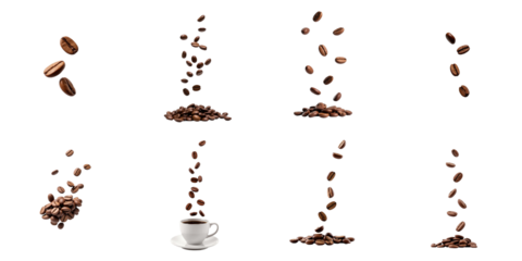 Coffee beans floating in various arrangements against a transparent background including single beans, scattered piles, and a coffee cup for visual contrast