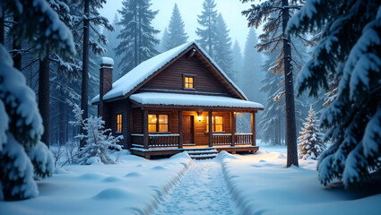 Cozy wooden cabin in the middle of a snow-covered pine forest.