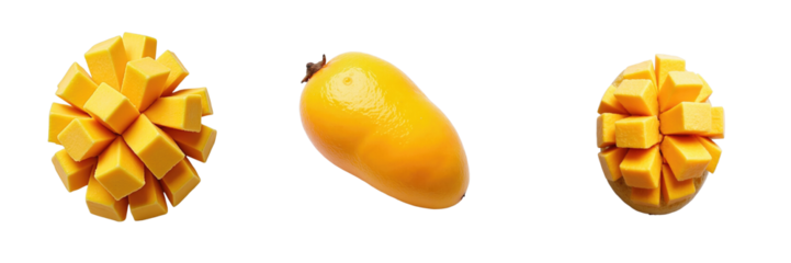 mango fruit composition displaying whole mango and creatively arranged mango cubes isolated on transparent background with emphasis on color and texture