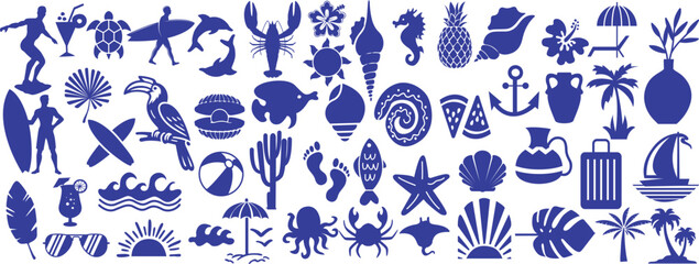 Tropical summer ocean print set with hand drawn exotic plant, shrimp, beach item fruit, and surf symbols. Vintage beach vacation badge, Hawaii travel logo, coastal stamp, and sea-themed design kit.
