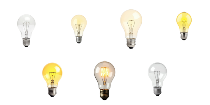 Collection of various lightbulbs including incandescent and LED types isolated on transparent background highlighting innovative lighting designs and concepts.