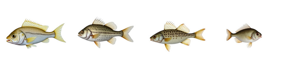 Fototapeta premium Croaker Fish Illustration Isolated on Transparent Background Multiple Poses Side View Detailed Features and Coloration of Each Fish Variant